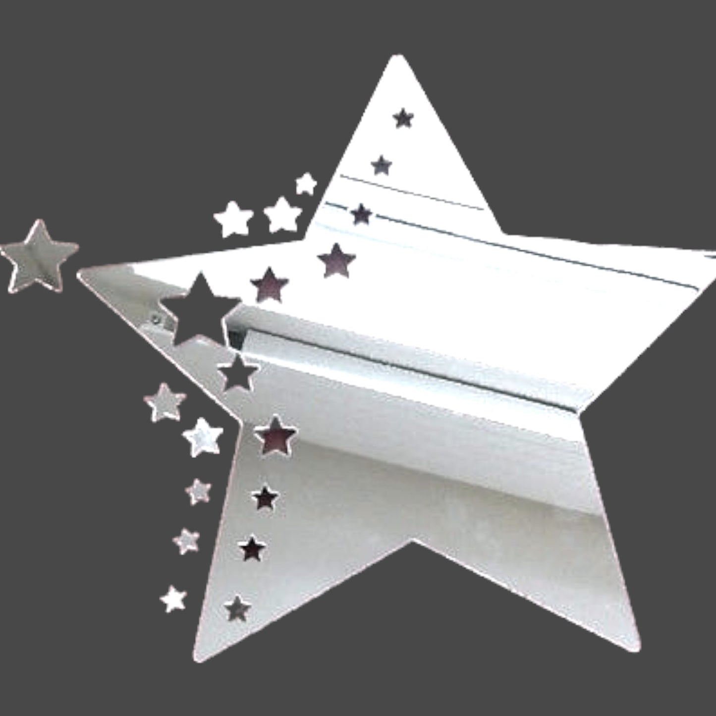 Large star-shaped silver mirror featuring a cluster of smaller star cutouts along one side.