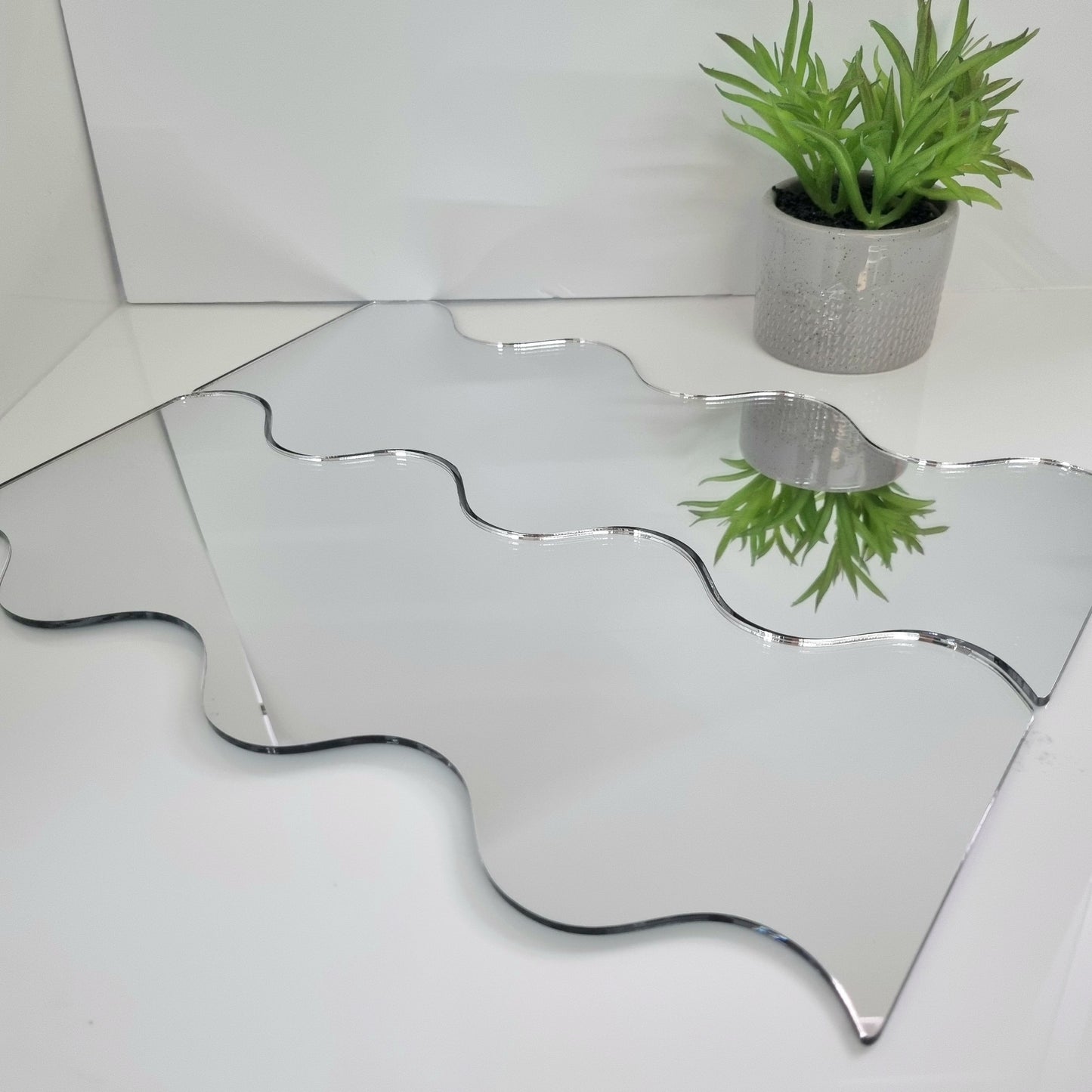 A pair of wavy, irregular acrylic mirrors resting flat on a white surface next to a small potted plant.