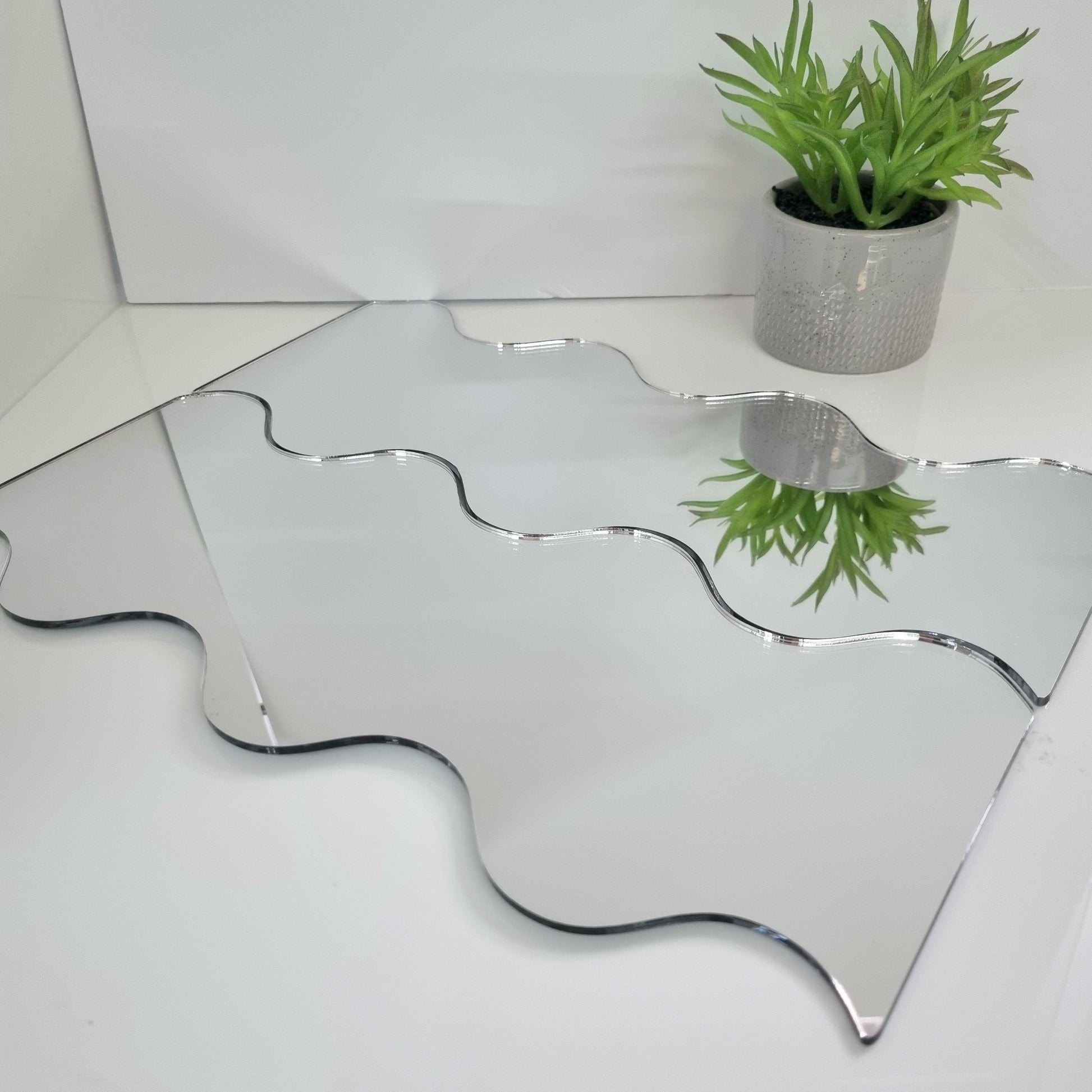 A pair of wavy, irregular acrylic mirrors resting flat on a white surface next to a small potted plant.