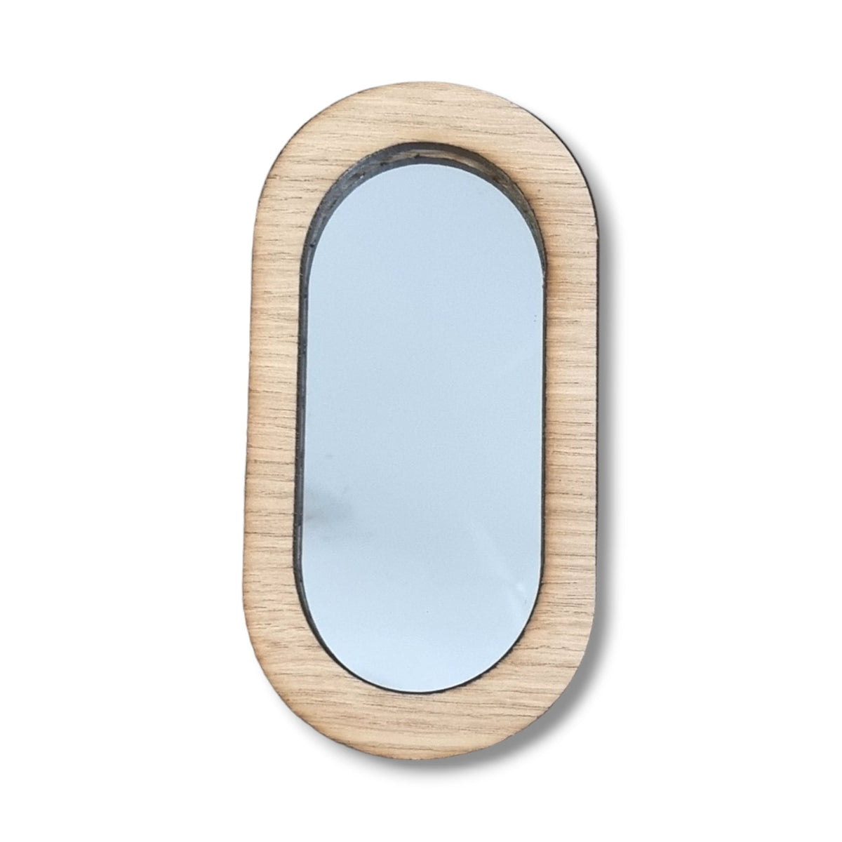Pill-shaped mirror with a light wood frame on a white background.