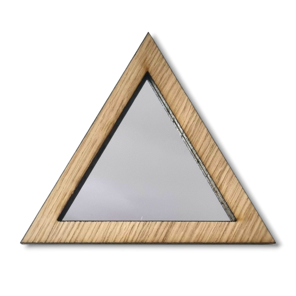 Triangular mirror with a light brown wood grain frame.