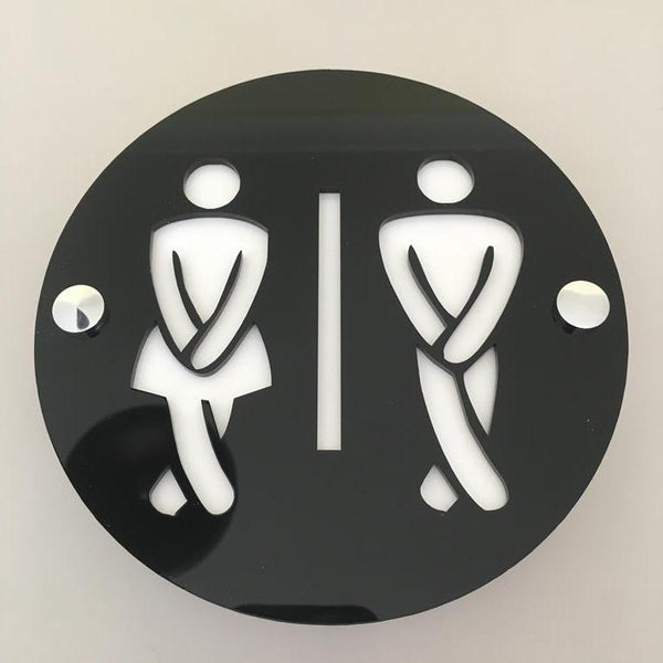 Round Cross Legged Male & Female Toilet Sign - Black & White Gloss Finish