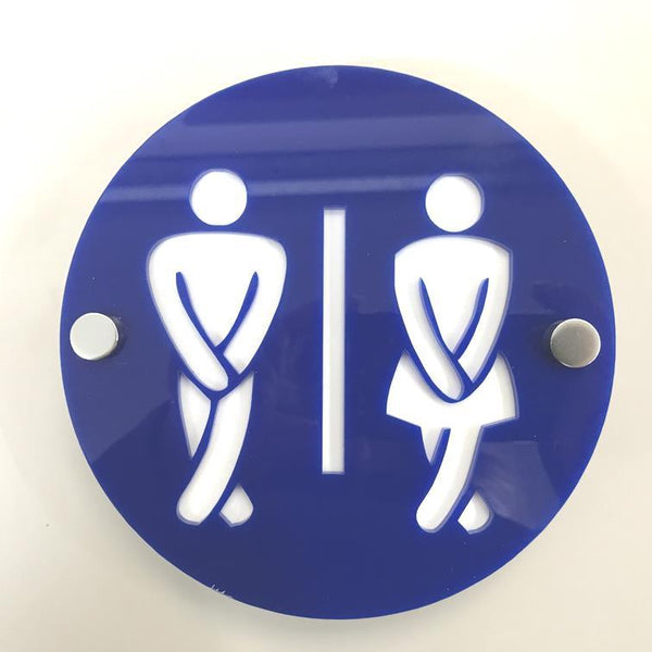 Round Cross Legged Male & Female Toilet Sign - Blue & White Gloss Finish