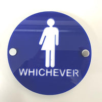 Round Whichever Toilet Sign - Blue & White Gloss Finish
