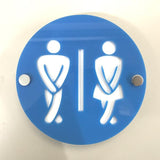 Round Cross Legged Male & Female Toilet Sign - Bright Blue & White Gloss Finish