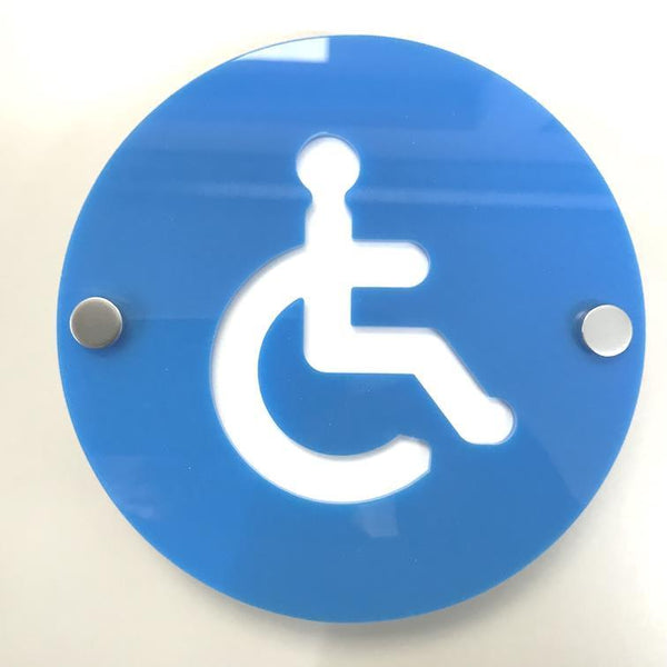 Round Disabled Toilet Sign - Bright Blue & White Gloss Finish