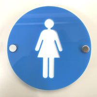 Round Female Toilet Sign - Bright Blue & White Gloss Finish