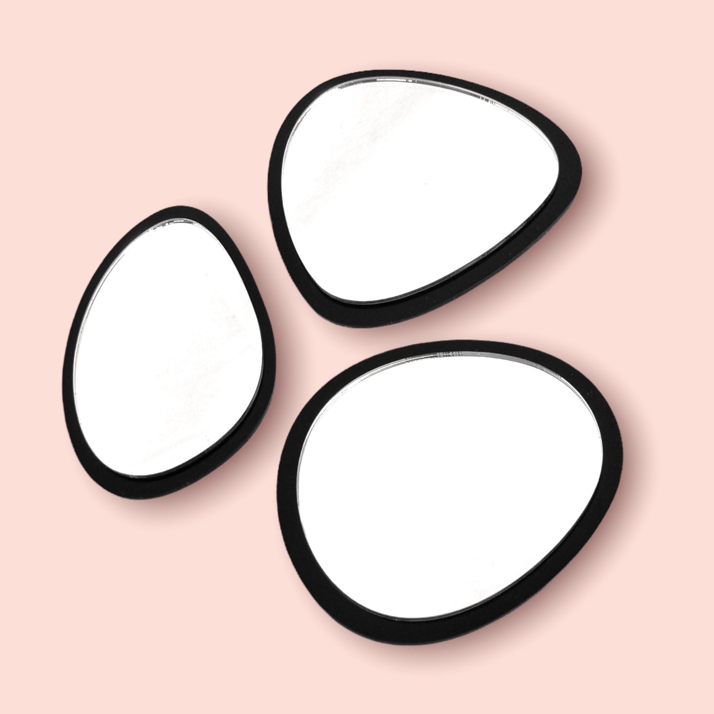 Group of three Pebble Shaped Mirrors with a Colour Frame of your choice & Hooks