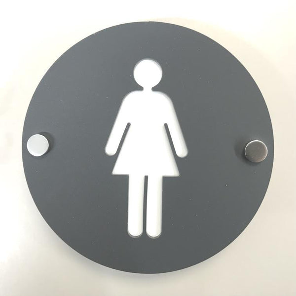 Round Female Toilet Sign - Graphite Grey & White Finish