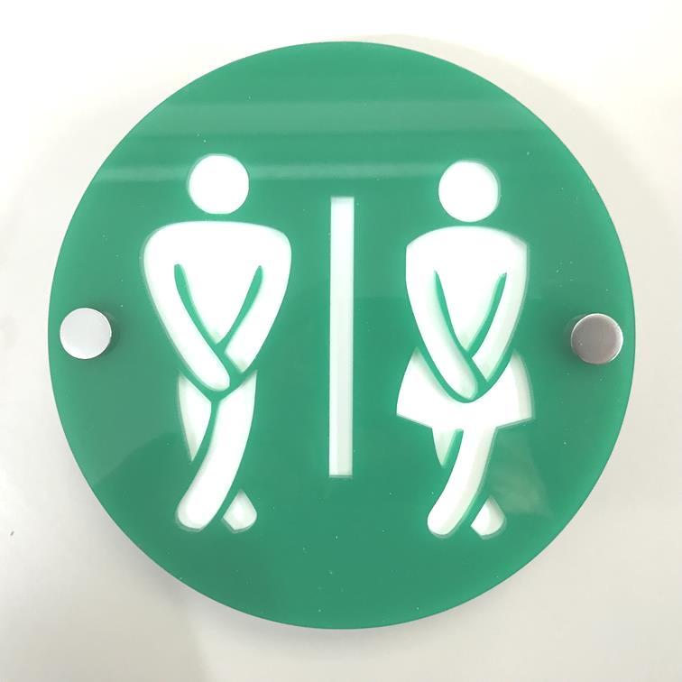 Round Cross Legged Male & Female Toilet Sign - Green & White Gloss Finish