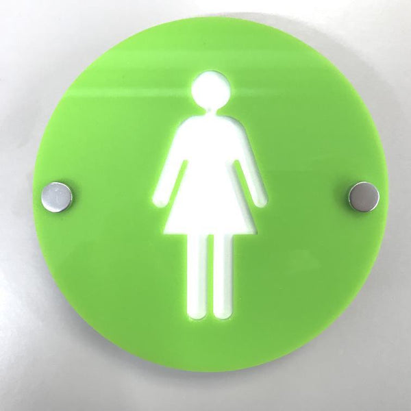 Round Female Toilet Sign - Lime Green & White Gloss Finish