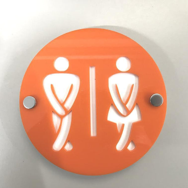 Round Cross Legged Male & Female Toilet Sign - Orange & White Gloss Finish