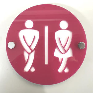 Round Cross Legged Male & Female Toilet Sign - Pink & White Gloss Finish
