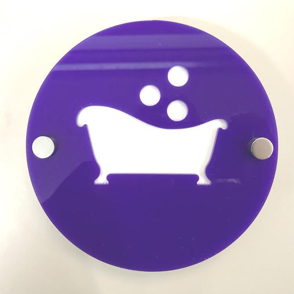 Round Bathroom "Bath & Bubbles" Sign - Purple & White Gloss Finish