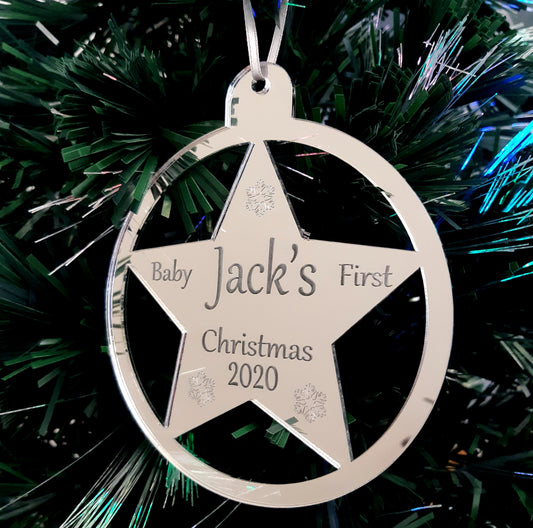 Décorations de sapin de Noël gravées en forme d'étoile ronde « 1er Noël de bébé » en miroir