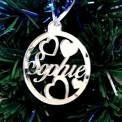 Round Personalised Name & Hearts Christmas Tree Decorations Mirrored
