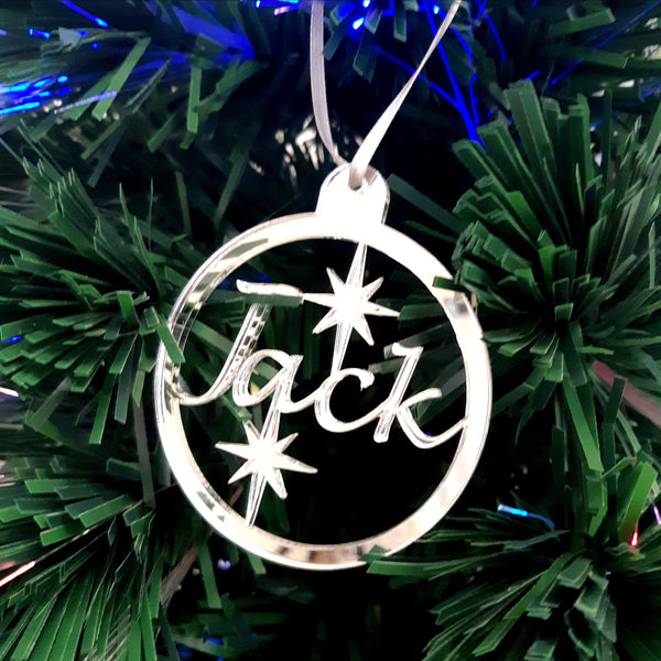 Round Personalised Name & Stars Christmas Tree Decorations Mirrored