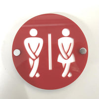 Round Cross Legged Male & Female Toilet Sign - Red & White Gloss Finish