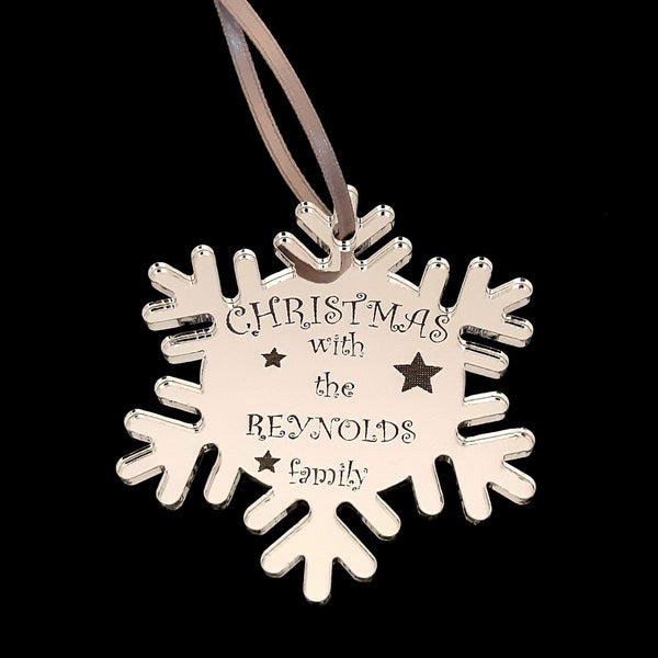 Snowflake Bespoke "Christmas with the Family" Engraved Christmas Tree Decorations Mirrored