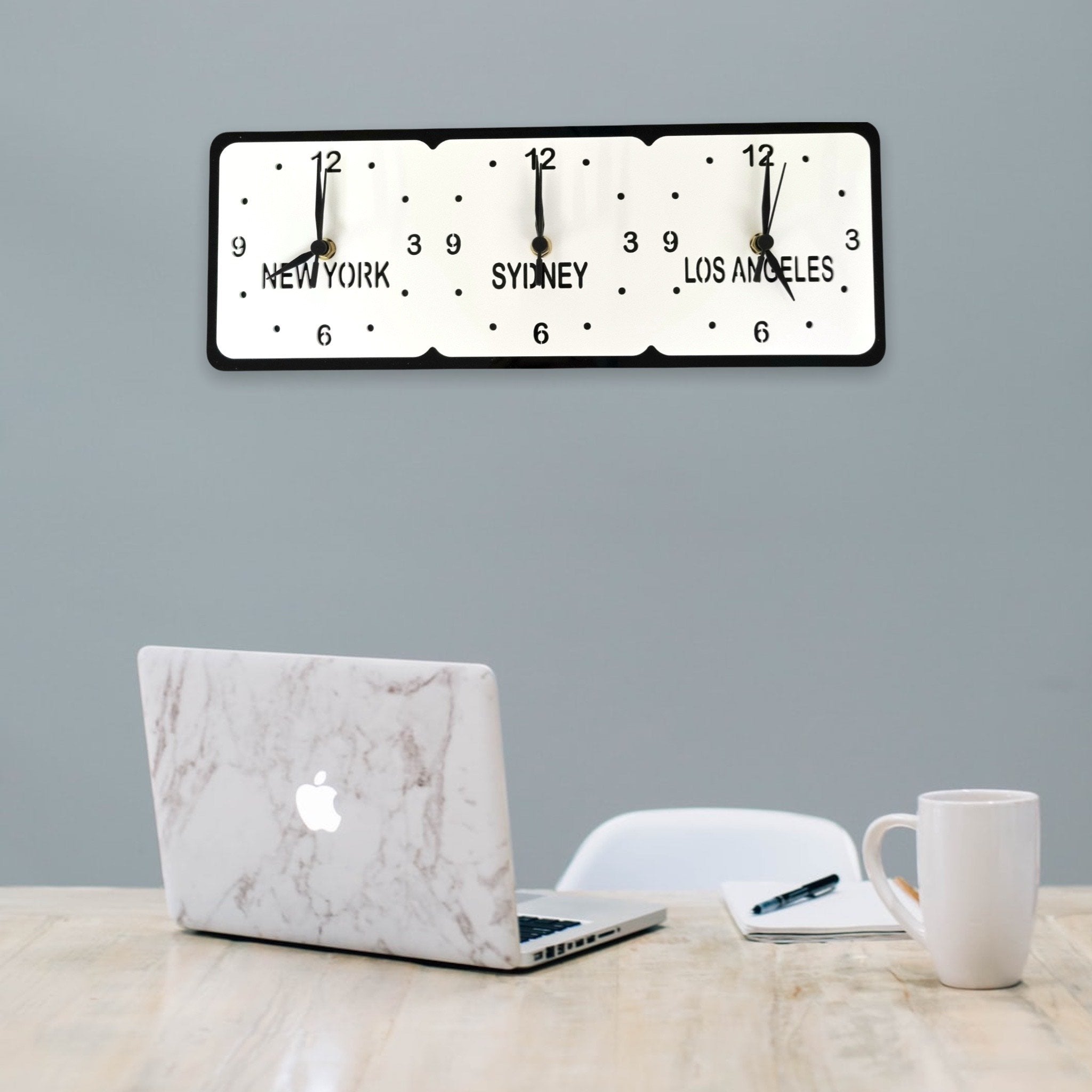 Bespoke Named Square Three Time Zones Clocks & Desk Stand (Many Colour Choices)