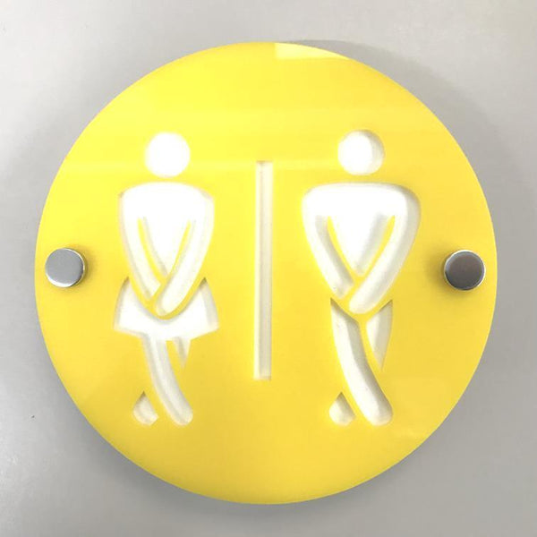 Round Cross Legged Male & Female Toilet Sign - Yellow & White Gloss Finish