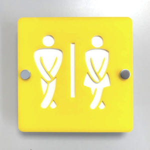 Square Crossed Legged Male & Female Toilet Sign - Yellow & White Gloss Finish