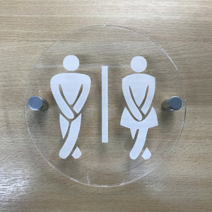 Round Engraved Cross Legged Male & Female Toilet Sign - Clear Gloss Finish
