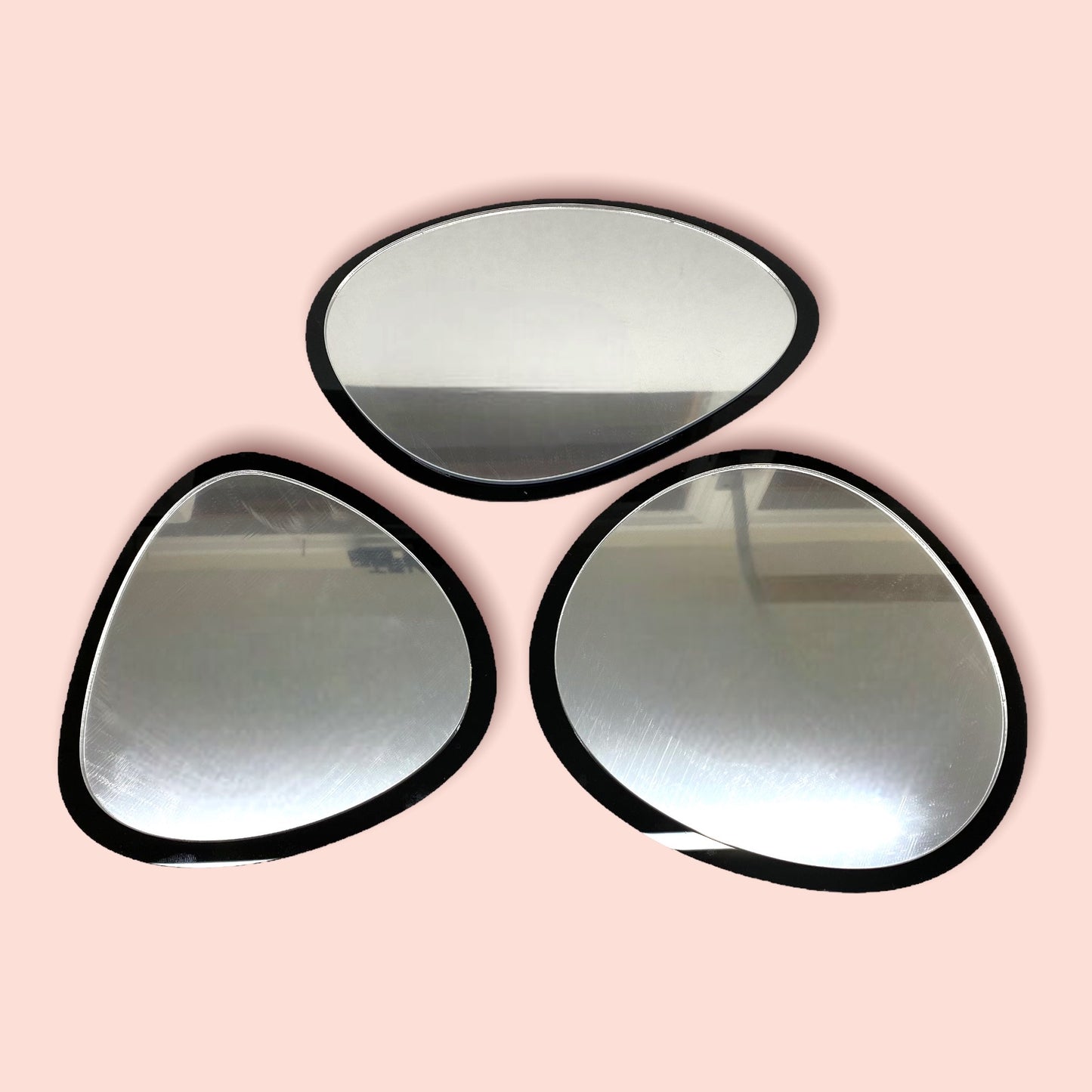 Group of three Pebble Shaped Mirrors with a Colour Frame of your choice & Hooks