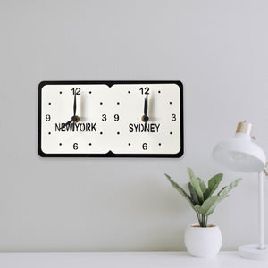 Bespoke Named Square Two Time Zone Clocks & Desk Stand - Many Colour Choices