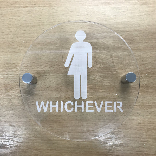 Round Engraved Whichever Toilet Sign - Clear Gloss Finish